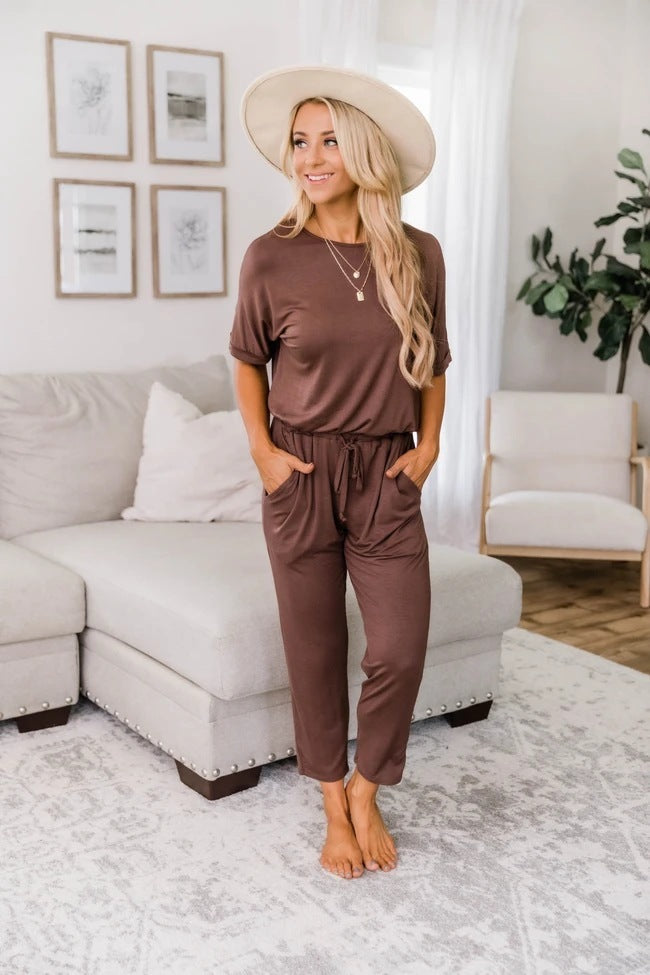 Casual And Comfortable Loose High Waist Short Sleeve Jumpsuit