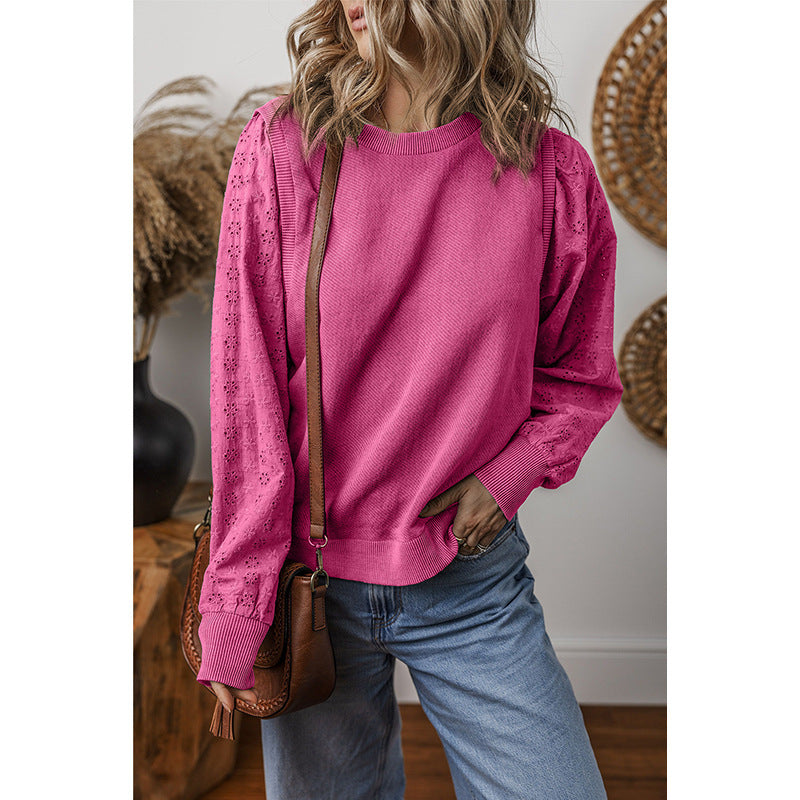 Textured Patchwork Round Neck Long Sleeve Top