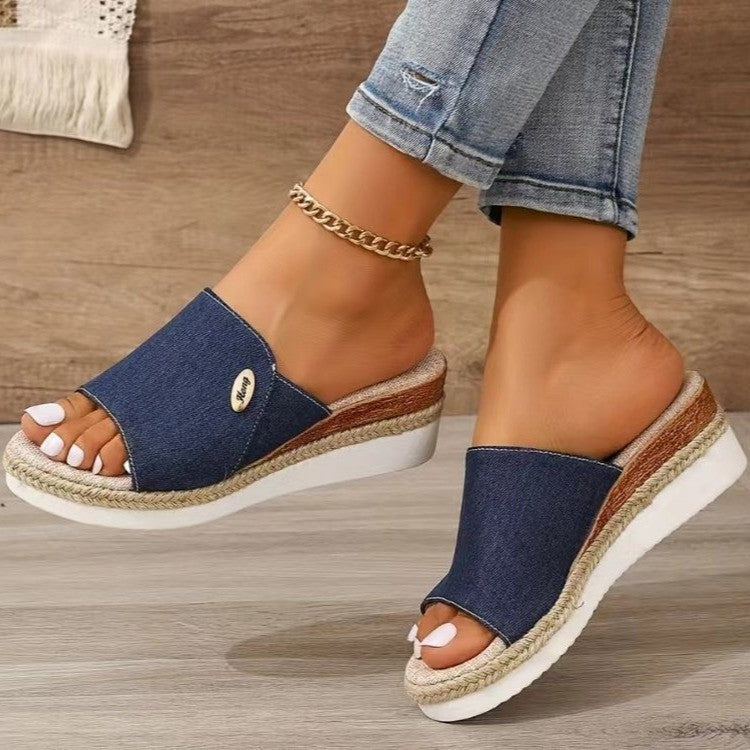 Denim Canvas Wedges Sandals Summer Fashion Hemp High Heel Slippers Outdoor Thick Bottom Fish Mouth Shoes For Women