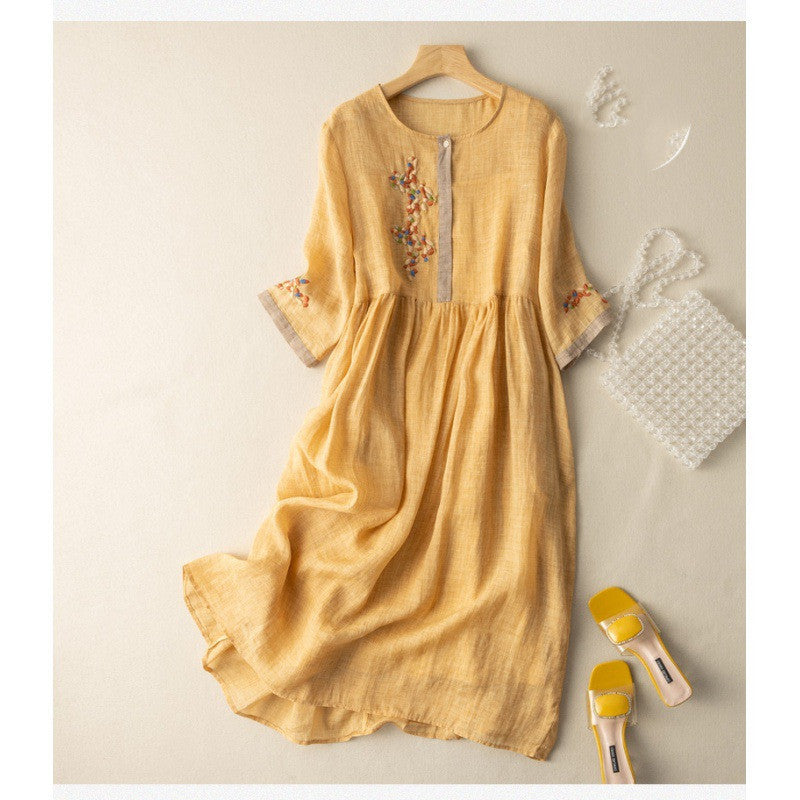 Artistic Ethnic Style Linen Cotton Embroidery Loose Half Sleeve Dress