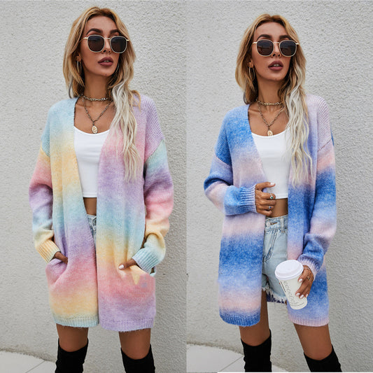 Sweater Rainbow Tie-dye Mid-length Plus Size Cardigan Knitted Jacket