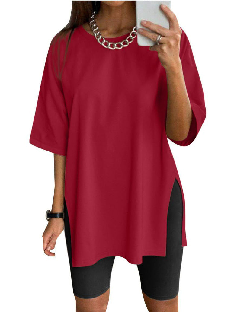 Women's Solid Color Split Short-sleeved T-shirt Round Neck Loose Top