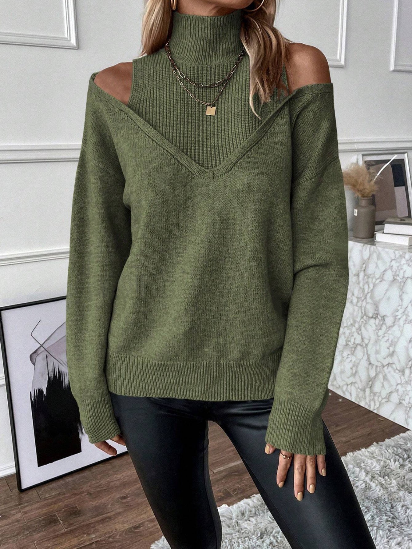 Off-the-shoulder Half Turtleneck Solid Color Thread Temperament Leisure Sweater