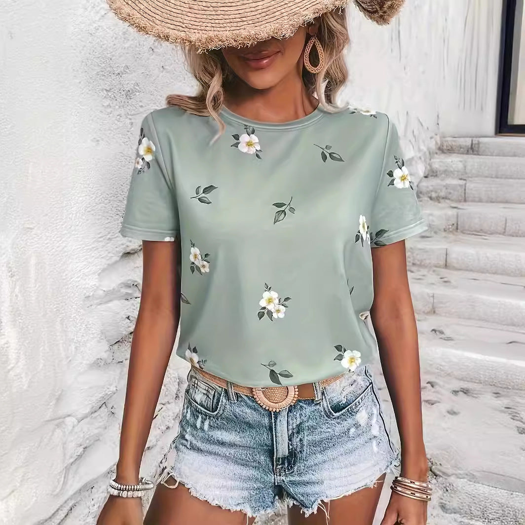 Cross-border European And American Women's Floral Print Short Sleeve Round Neck T-shirt