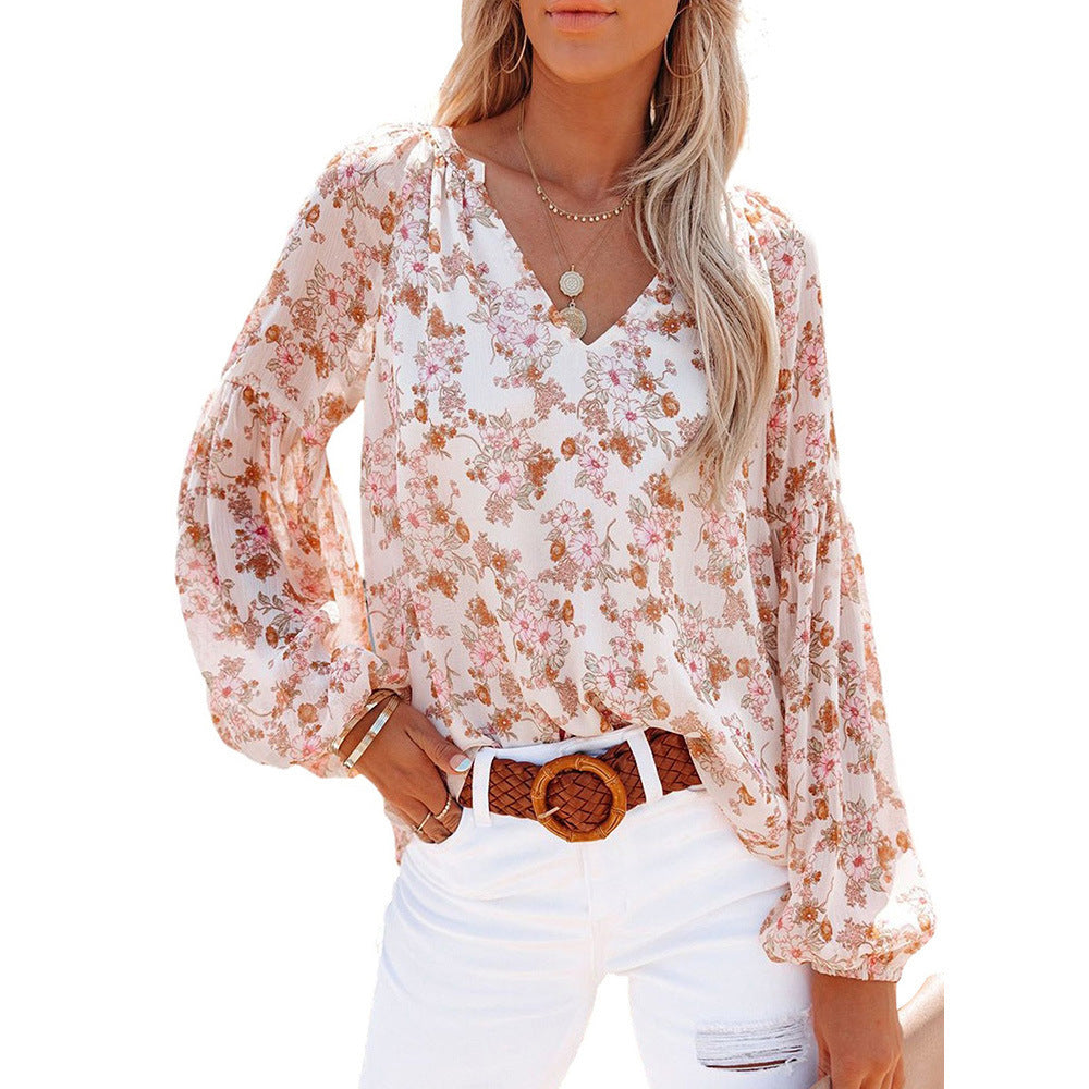 Lantern Sleeve Shirt Women Floral Print Chiffon Shirt