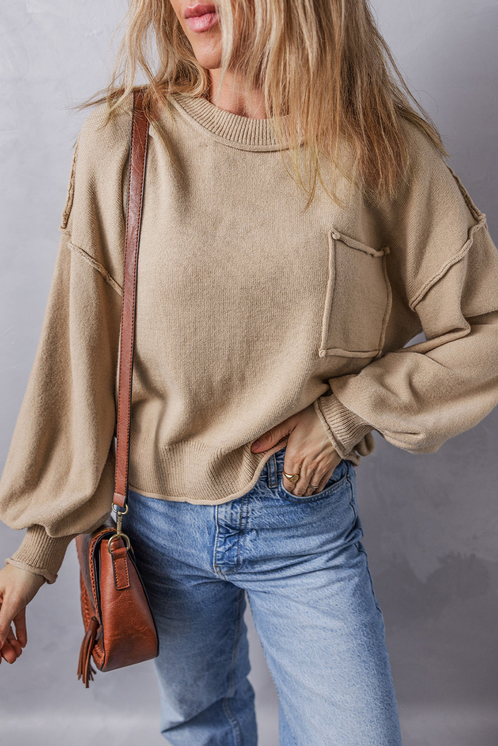 Apricot Raw Edge Patch Pocket Exposed Seam Loose Sweater