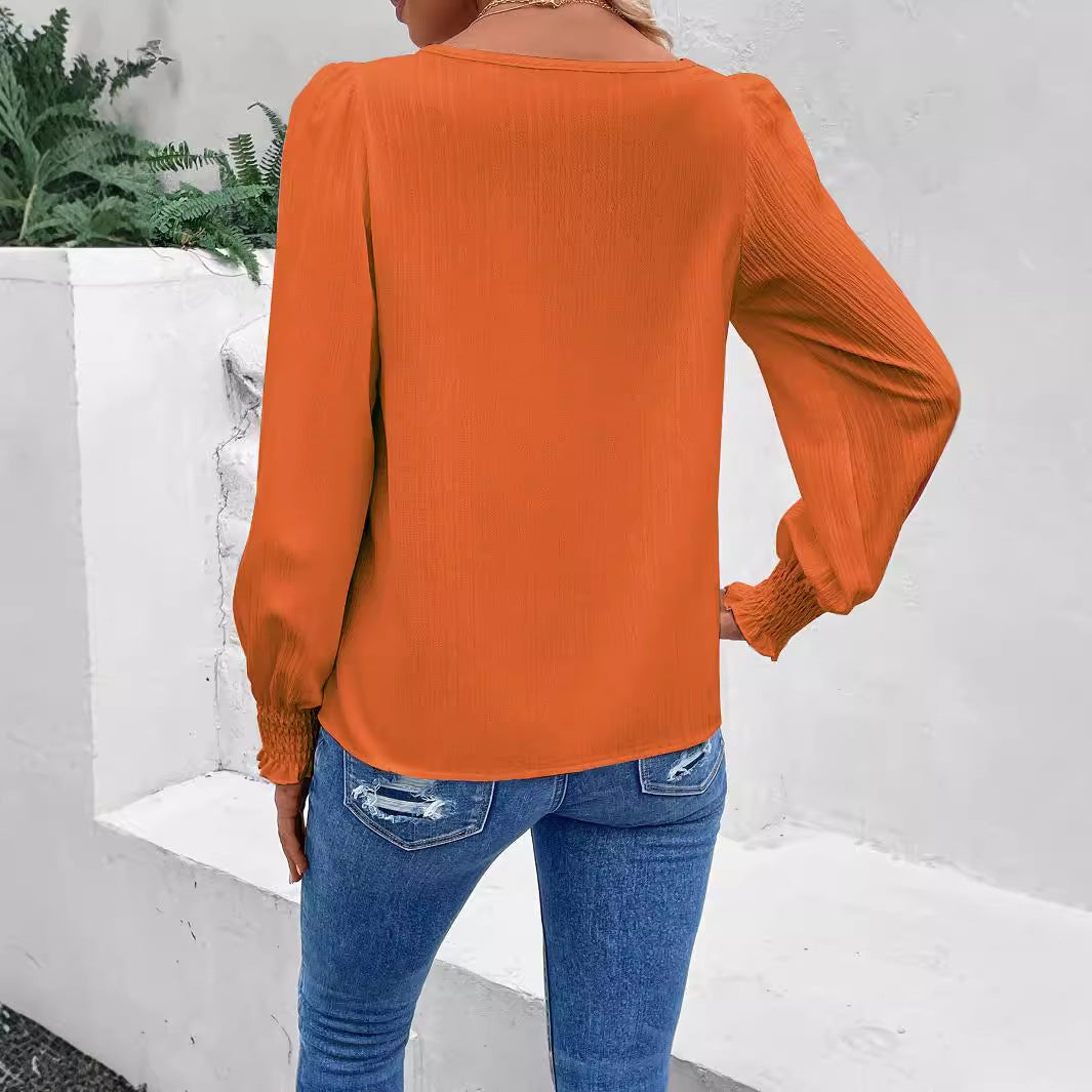 Long Sleeve Round Neck Lace Welt Versatile Slimming Top