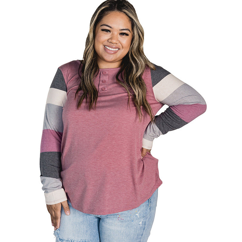 Simple All-matching Rose Striped Sleeve Pullover Plus Size Top