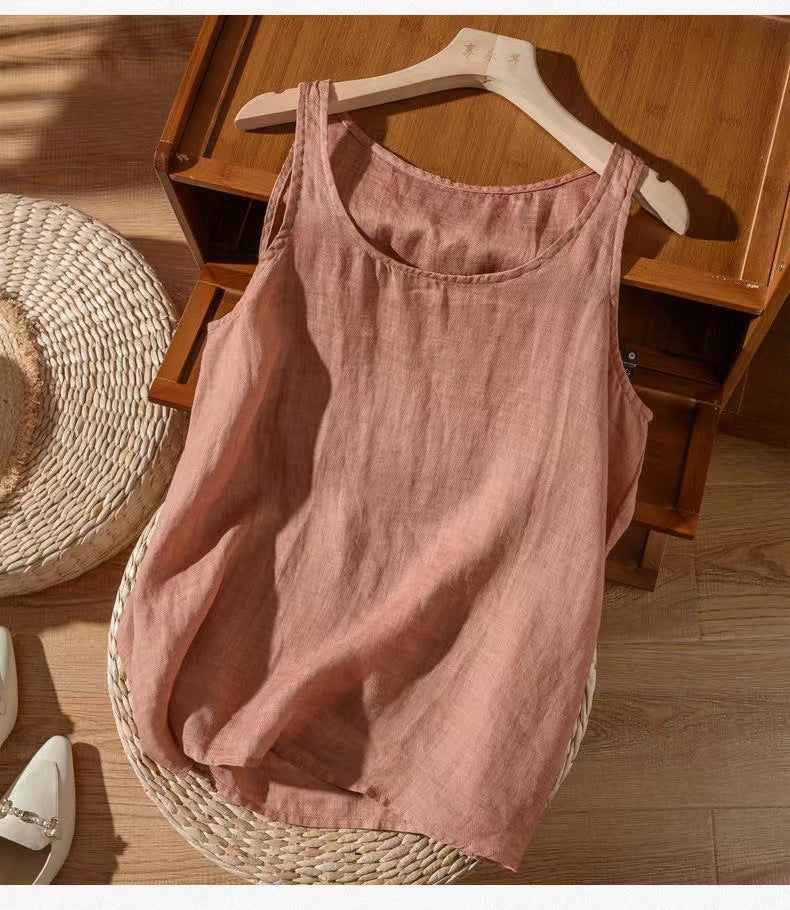 Artistic Retro Loose Solid Color Cotton Linen Vest Women's Top