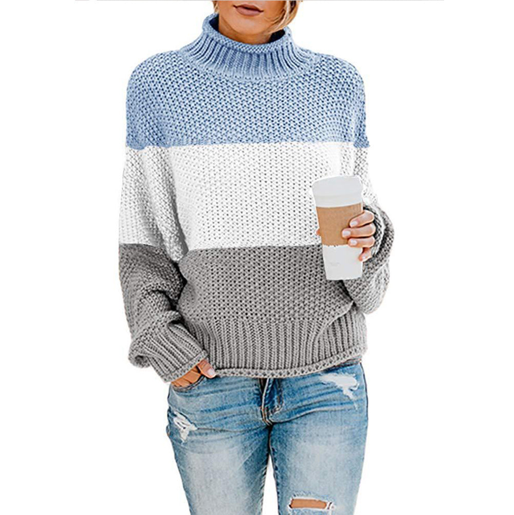 Thick Line Colorblock Turtleneck Pullover Sweater