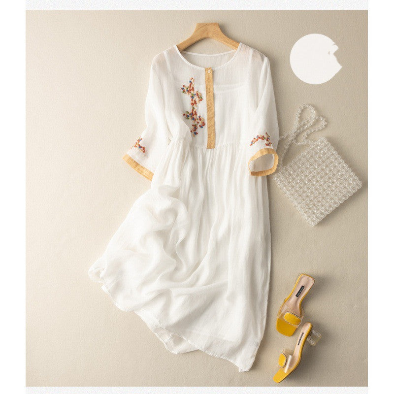 Artistic Ethnic Style Linen Cotton Embroidery Loose Half Sleeve Dress