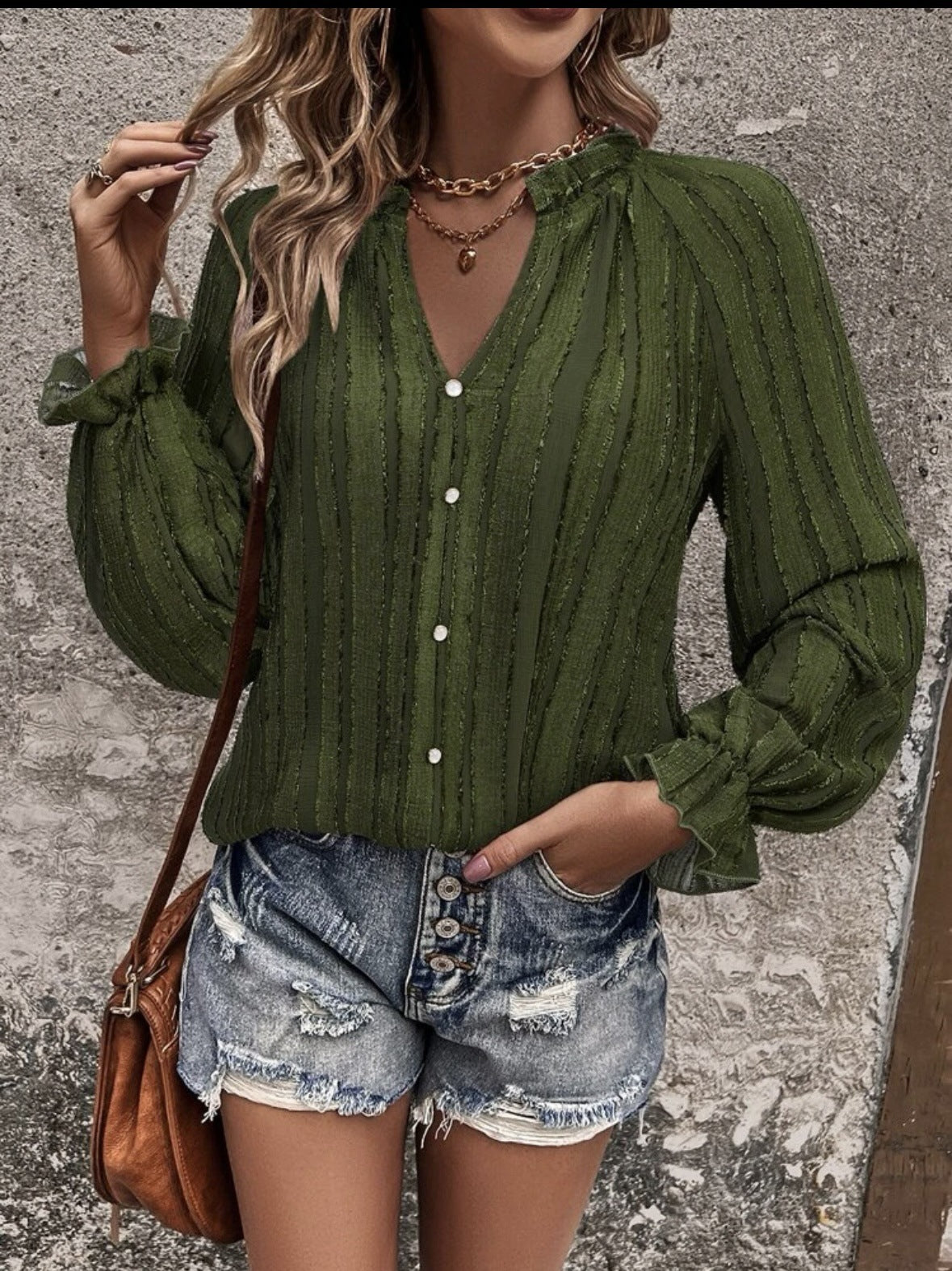 Half-open Collar Single-breasted Ruffle Sleeve Striped Shirt