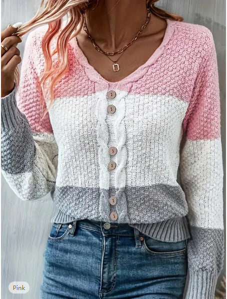 V-neck Long Sleeve Fake Button Colored Pullover Knitwear Top