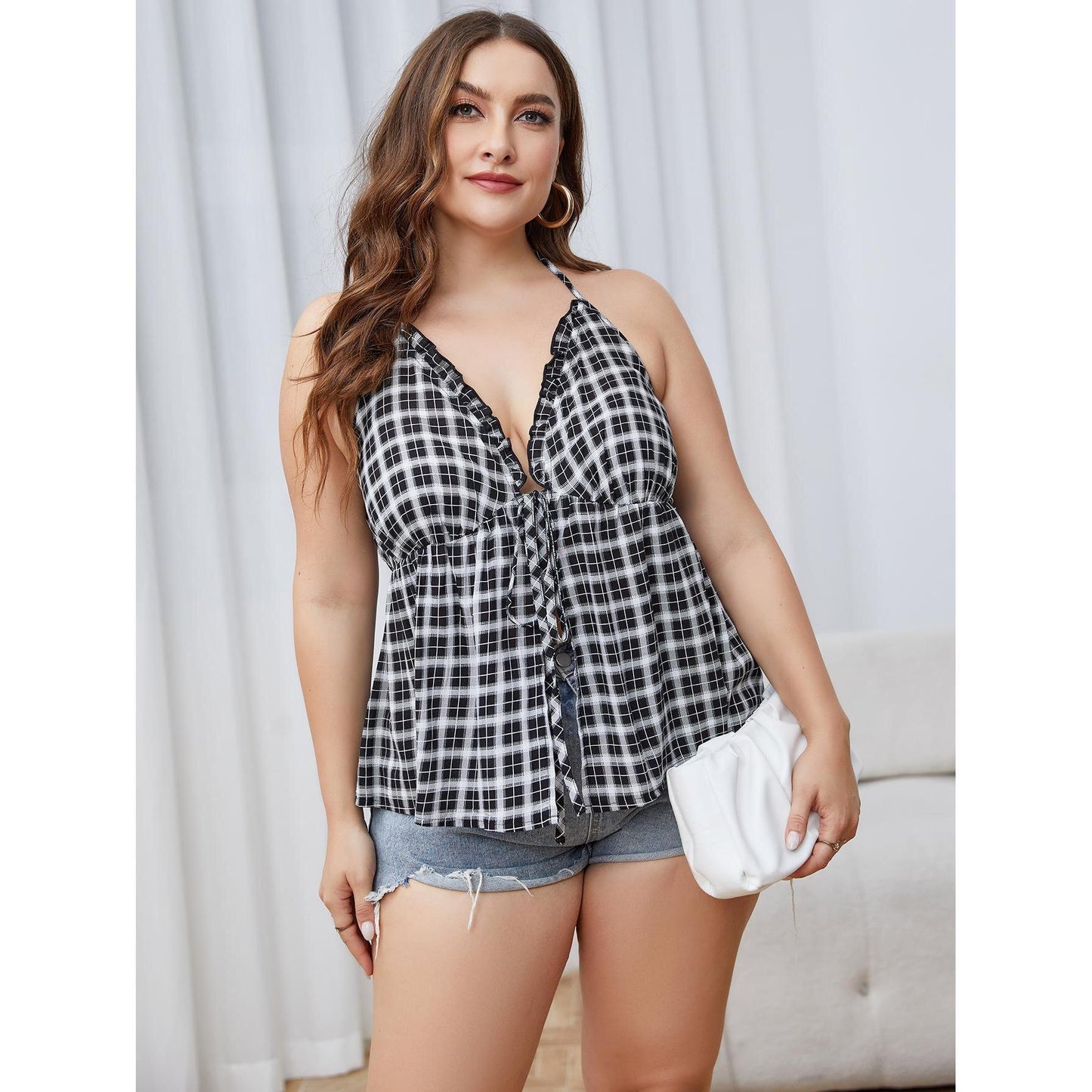 Plus Size Women's Summer Tube Top Plaid Shirt