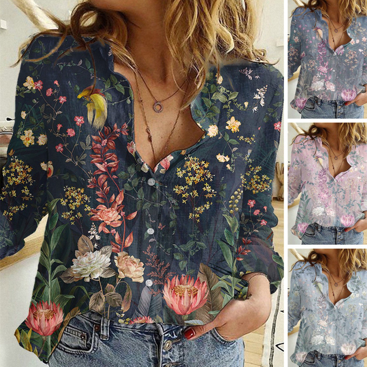 Digital Printing Fashion Long Sleeve Lapel Casual Shirt