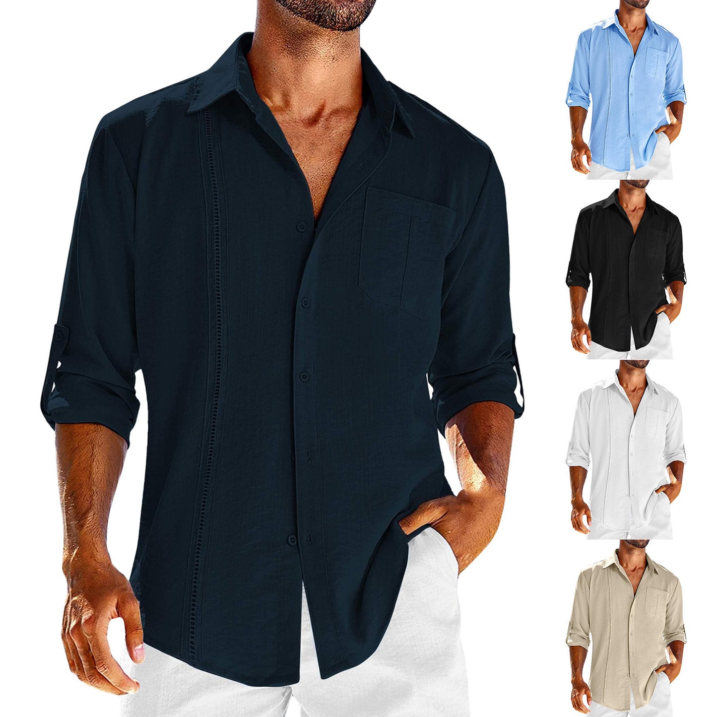 Casual  Long Sleeve Shirt With Pocket Lace Polo Collar Solid Color Button Mens Clothing