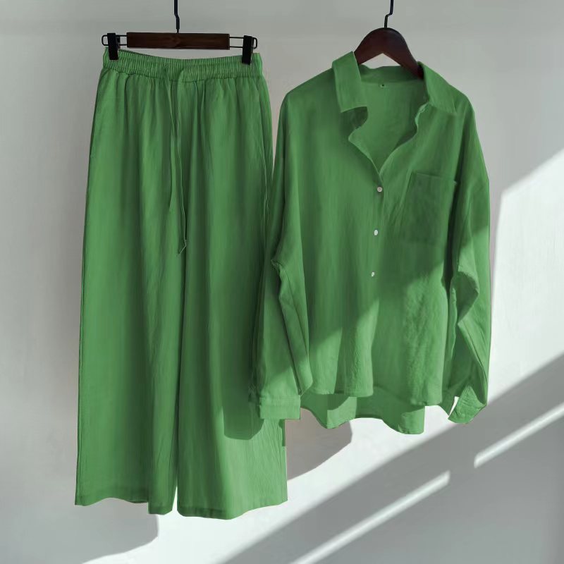 Cross-border Women's Ancient Cotton And Linen Shirt Outfit High Waist Loose Trousers