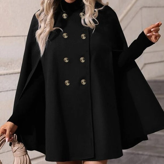 Solid Color Double Breasted Slit Batwing Sleeve Cloak Trench Coat Coat