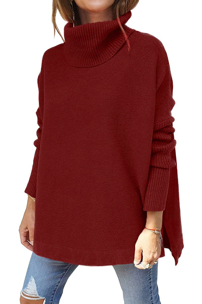 Turtleneck Sweater Mid Length Batwing Sleeve Slit Hem Tunic Pullover Sweaters Winter Tops Women Clothing