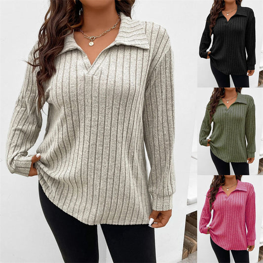 Solid Color Plus Size Women's Clothes Top V-shaped Lapel Long Sleeve Sunken Stripe Brushed T-shirt Loose