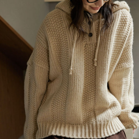 Autumn And Winter New Hooded Woven Texture Sweater Top Women