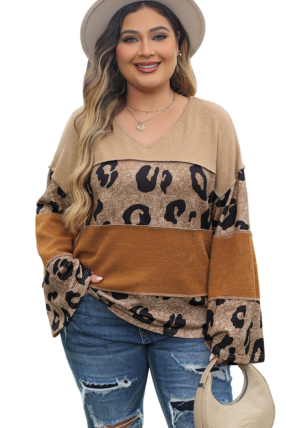 Light French Beige Plus Size Leopard Colorblock Patchwork Wide Sleeve Top