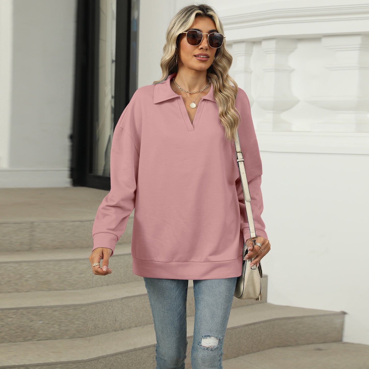 Solid Color Polo Collar Loose Long Sleeve Sweatershirt Coat