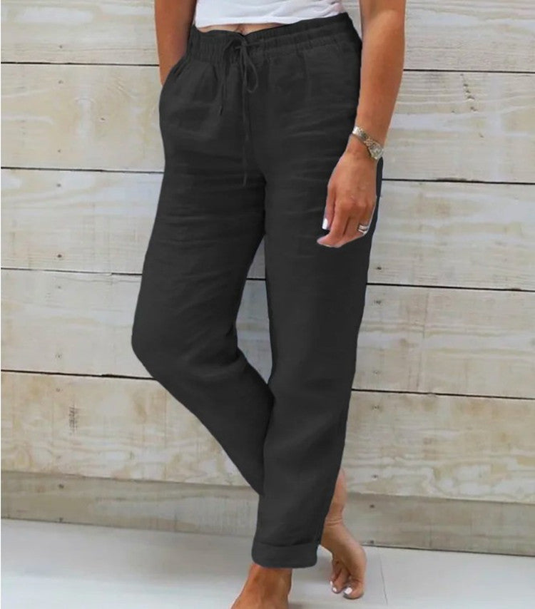 Cotton And Linen Women's High Waist Elastic Waist Solid Color Cotton And Linen Casual Pants
