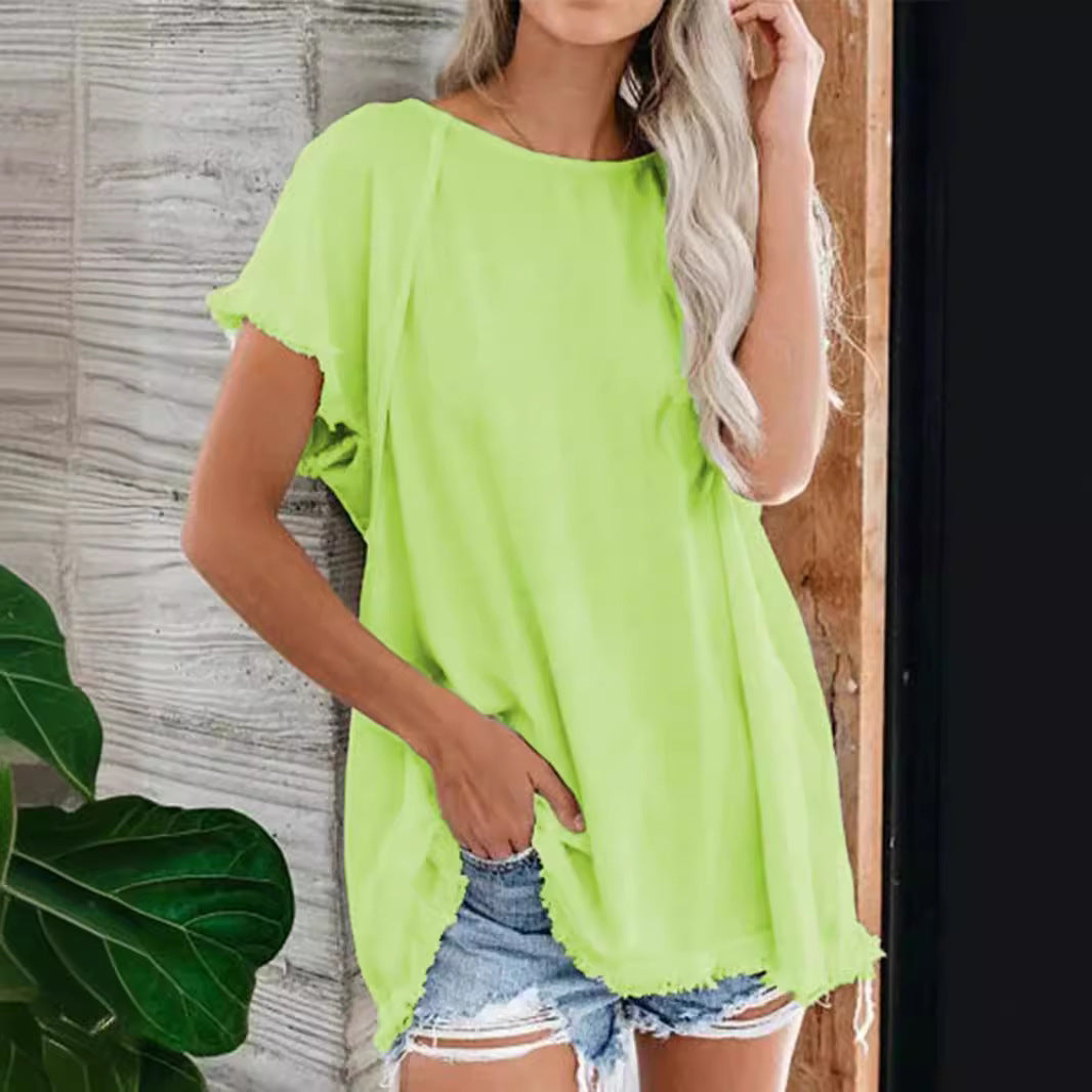 Loose Round Neck Lantern Sleeve Medium Length Short Sleeved Shirt