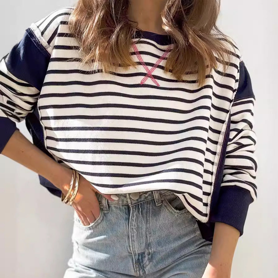 Color Matching Sweatshirt Striped Color Contrast Long Sleeve T-shirt