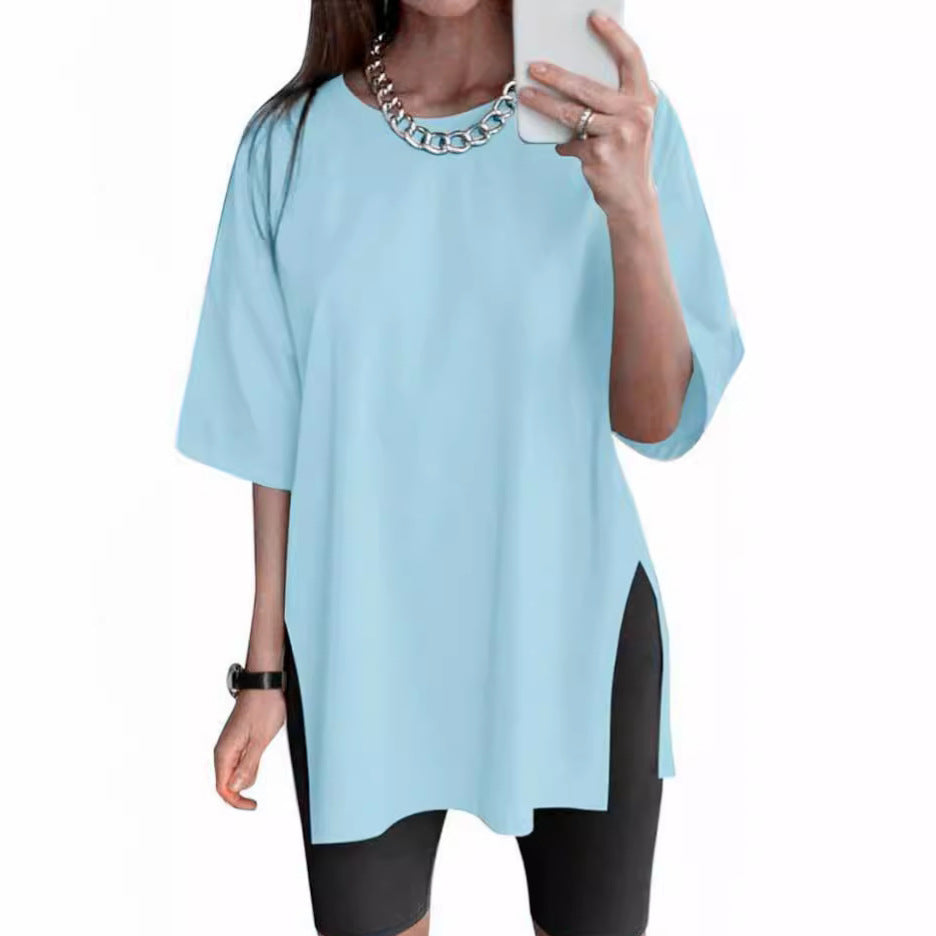 Women's Solid Color Split Short-sleeved T-shirt Round Neck Loose Top