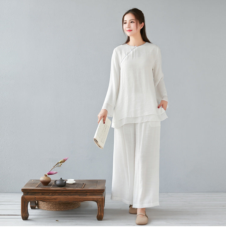 Women's Fashion Loose-fitting Long Sleeves Cotton And Linen Zen Clothes Two-piece Set