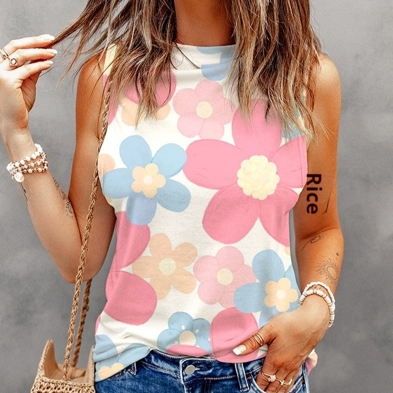 European And American Spring And Summer Thin Sweet Floral Printed Vest Round Neck Pullover