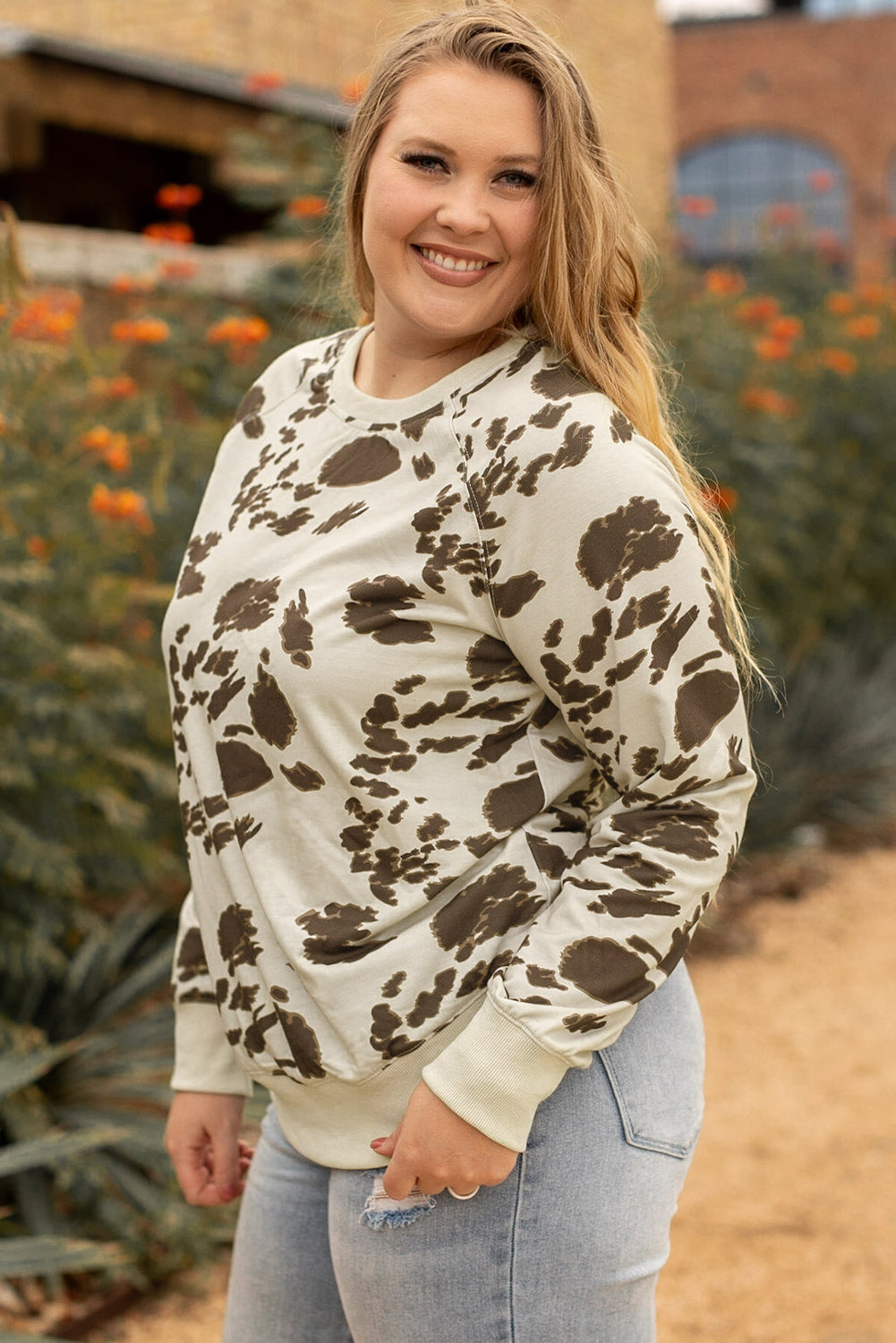 Plus Size Crew Neck Animal Print Pullover Sweatshirt