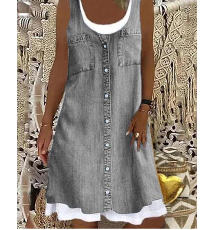 Round Neck Halterneck Fake Jean Casual Dress