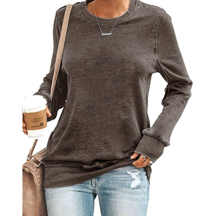 Temperament Commuter Long-sleeved Round Neck Solid Color T-shirt Top