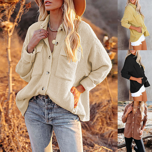 Solid Color Loose Corduroy Pocket Long Sleeve Cardigan