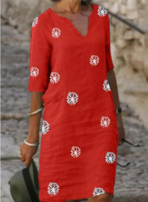 Women's Retro Cotton And Linen Printing Stitching V-neck Long-sleeve Dress
