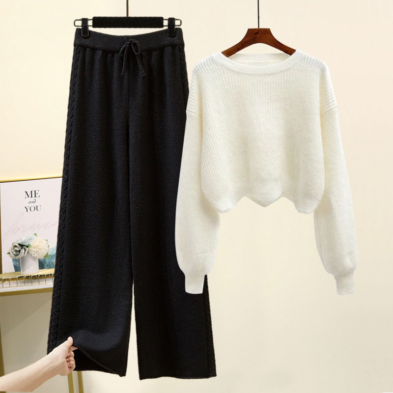 Autumn And Winter Set Knitted Sweater Slimming All-match Wide Leg Pants Suit