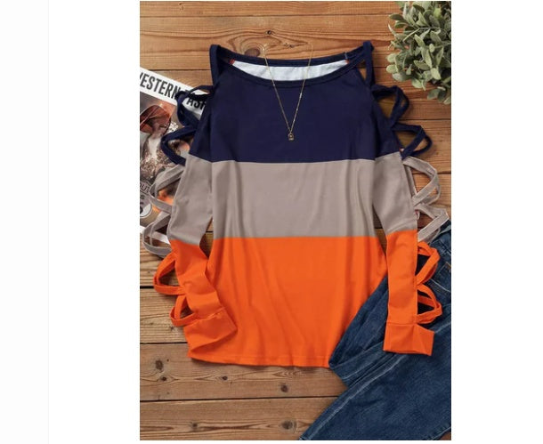 Colour Block Long Sleeve Top Cross Side Strap Design