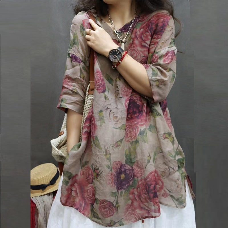 Vintage Floral Print Mid-length Sleeves V-neck Ramie Loose Western Style Artistic Casual Shirt