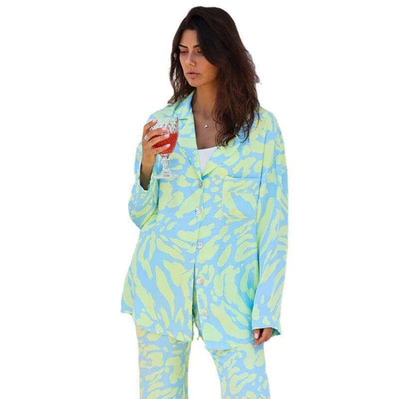 Printed Autumn And Winter Pajamas Long-sleeve Suit Loose Trousers Fashion Casual Artificial Silk Women's Home Wear