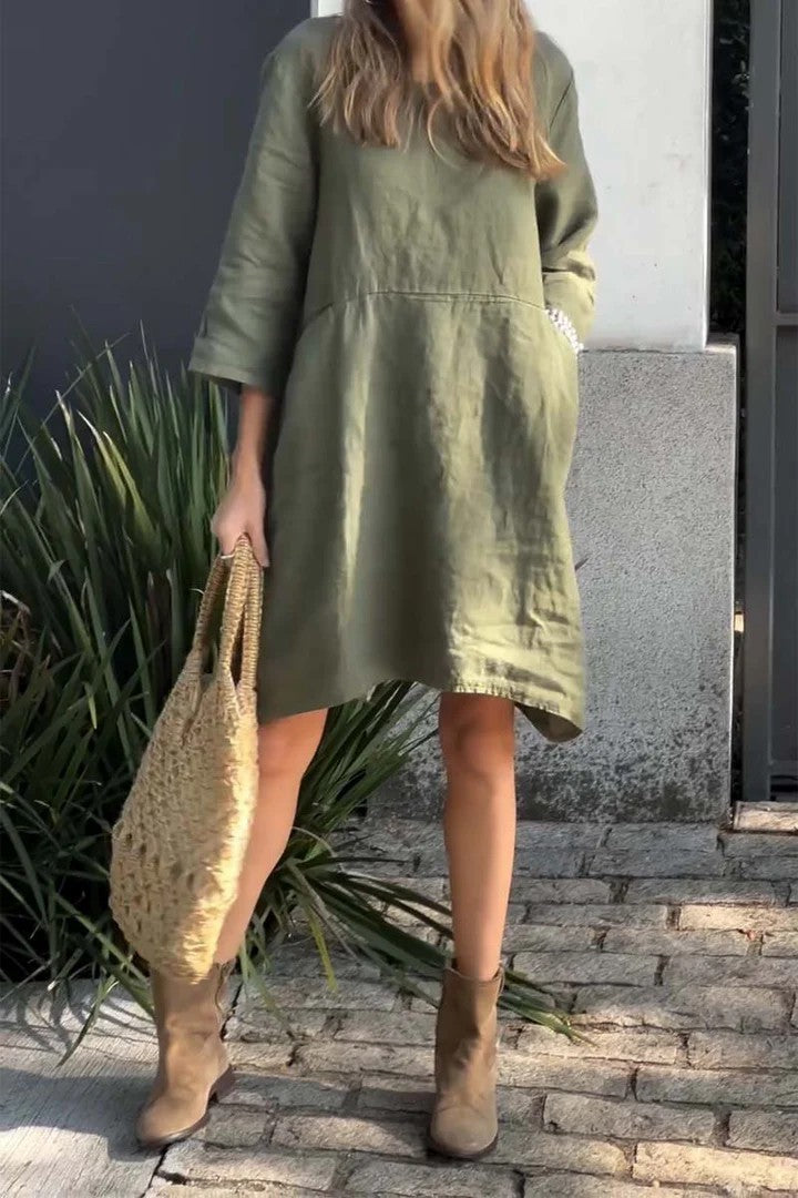 Women's Cute Solid Color Loose Casual Pocket Cotton Linen Dress