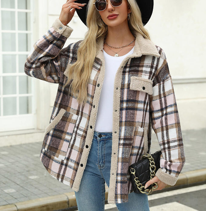 Women's Contrast Color Plaid Jacket Casual Polo Collar Velvet Jacket