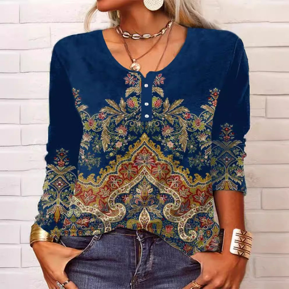 Geometric Floral U-neck Button Personality Retro Long Sleeve