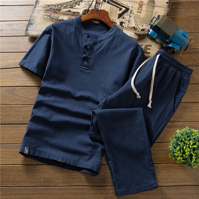 Chinese Style Summer Linen Suit Men's Cotton And Linen Short-sleeved T-shirt Plus Size Trousers A Set Of Retro Cotton And Linen Men