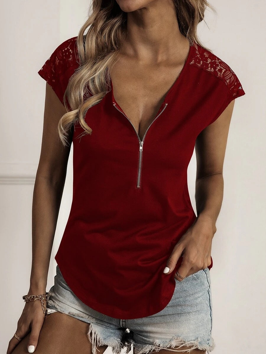 Round Neck Half Zip Panel Lace Short Sleeves