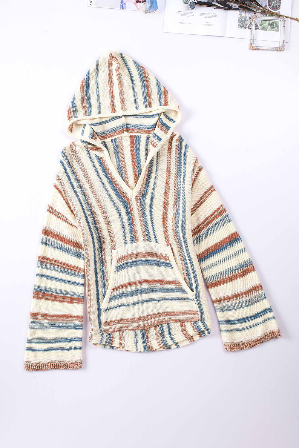 Multicolor Striped Knit Kangaroo Pocket Hooded Sweater