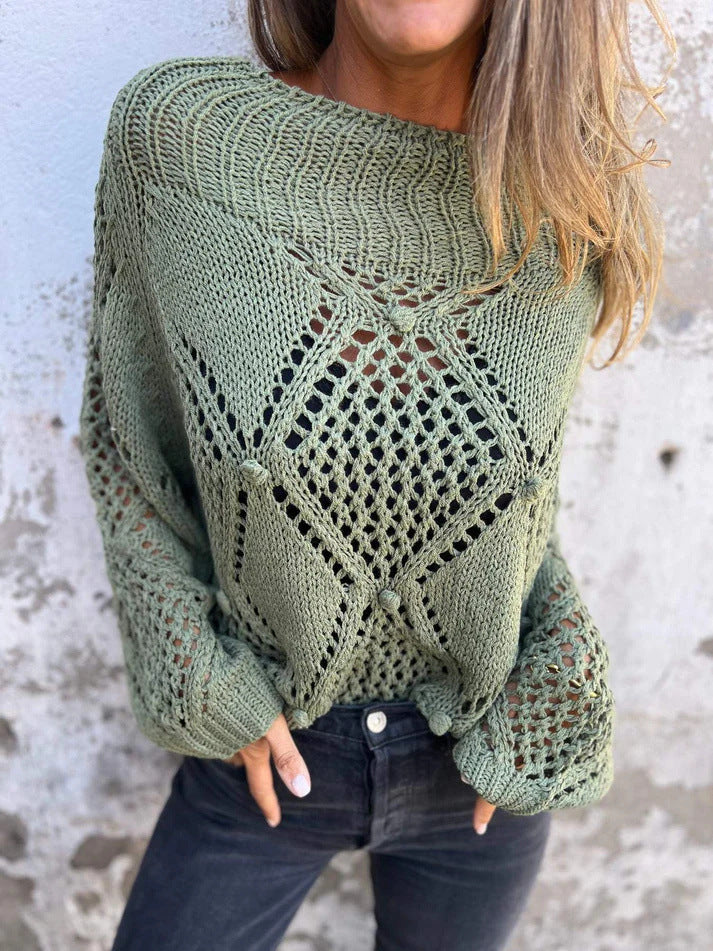 European And American Leisure Loose Hollow Out Sweater Round Neck Knitted Top