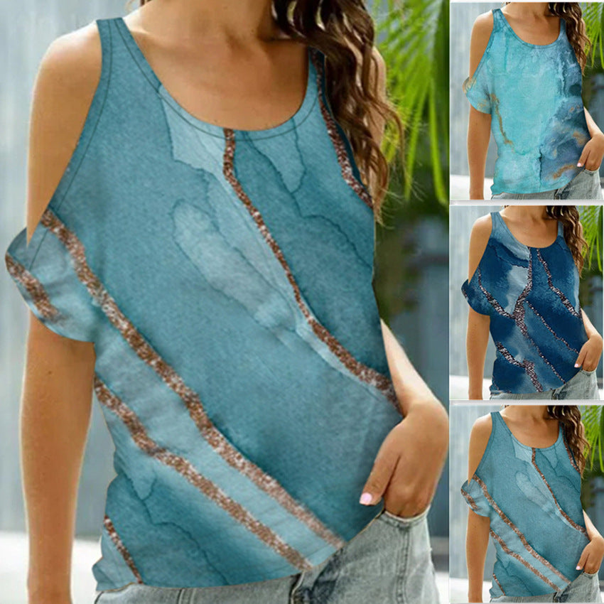 Fashion Tie-dye Print Short Sleeve Pullover Curb Shoulder